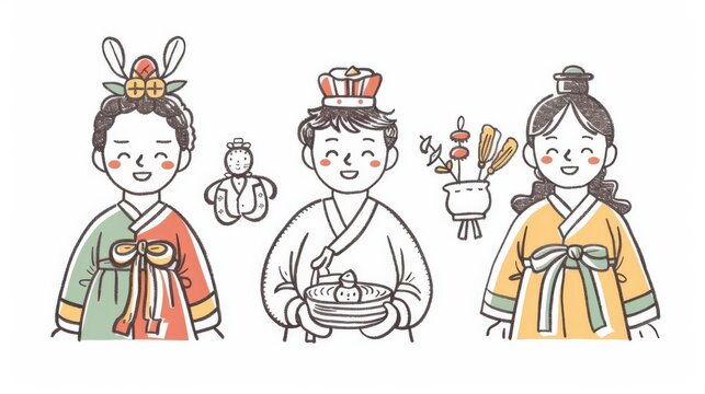 Thanksgiving greeting card in Korean style modern design. Male and female figures are dressed in traditional Korean costumes and making traditional Korean greetings.