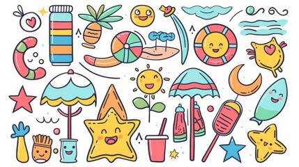 The perfect summer holiday icons. Cute faces and beach objects in flat design style.