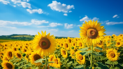 Fototapeta premium Sunflower field with cloudy blue sky