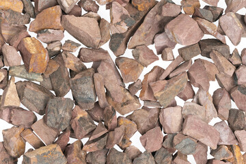 crushed stone crumb isolated white background close-up. rubble in a heap. natural decorative primer for designers. fraction texture