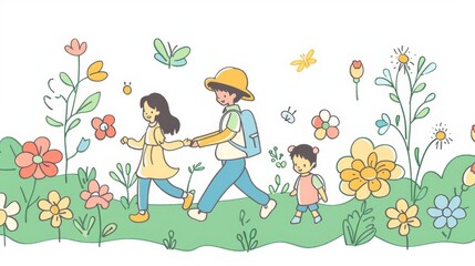 Obraz na płótnie Canvas An event for family month. Children are walking in a flower field. Banner template.