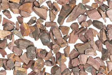 crushed stone crumb isolated white background close-up. rubble in a heap. natural decorative primer for designers. fraction texture