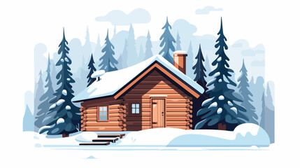 A cozy cabin in the woods surrounded by snow. flat vector