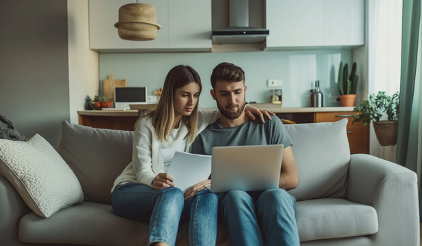 A man and woman sitting together on a couch, focused on a laptop screen in a cozy home setting.