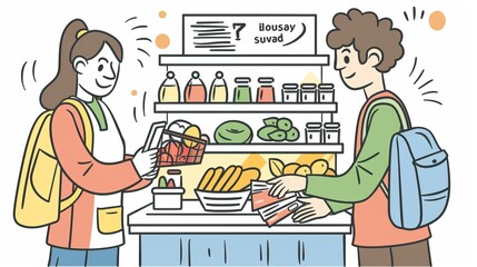 Cashier and customer make payments at the market checkout. Hand drawn modern doodle design illustrations.