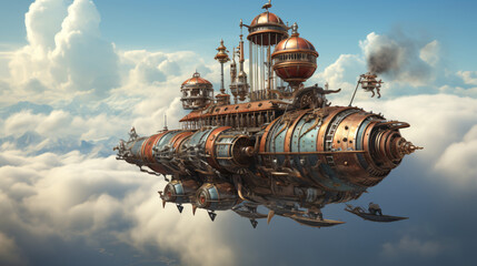 A steampunk airship soaring through the clouds with pr - obrazy, fototapety, plakaty
