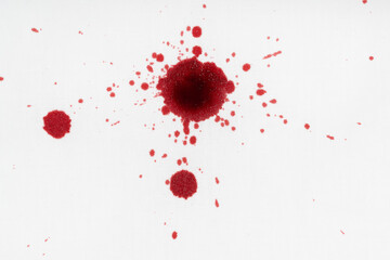 Drops of blood stains on white fabric. blood splatters on clothes. red dripping blood spatters - obrazy, fototapety, plakaty