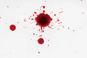 Fotobehang Drops of blood stains on white fabric. blood splatters on clothes. red dripping blood spatters © Илья Подопригоров