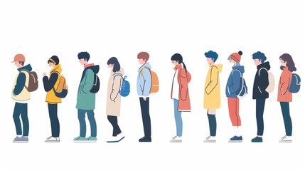 Modern illustration of people waiting in line according to guidelines. Flat design style minimal modern illustration.