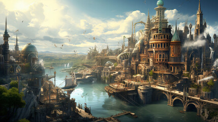 A steampunk city powered by steam engines and clockwor - obrazy, fototapety, plakaty