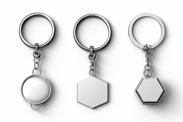 A set of round, square and hexagon keyring holders on a white background. Silver colored accessories or souvenir pendants mockup. Realistic 3D modern illustration, icon, and clipart.
