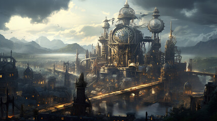 A steampunk city powered by steam engines and clockwor - obrazy, fototapety, plakaty