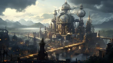 Poster de jardin Skyline A steampunk city powered by steam engines and clockwor