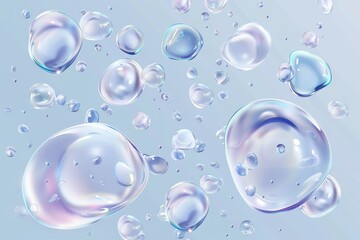 A liquid drop, serum, or gel texture. Top view of transparent bubbles, scatter splashes. Skin care cosmetic hydration spots, realistic 3D modern illustration.