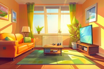 This modern illustration shows a living room interior with sofas, a TV, a play console, and potted plants. Big windows with beams of sunlight.