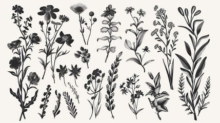 Vintage decorative plants and flowers collection. Hand drawn vintage modern design elements.