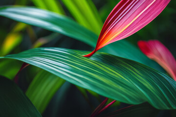 A burst of color and life in the lush jungle setting. Background of leaves.