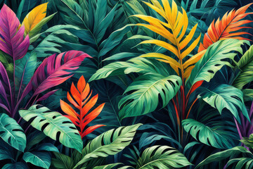 A visual feast of lush jungle foliage painted in vivid colors.