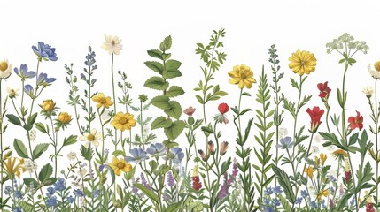 An engraving style botanical illustration. Herbs and wild flowers. Colorful modern floral border.
