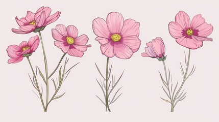 Modern illustrations of cosmos flowers