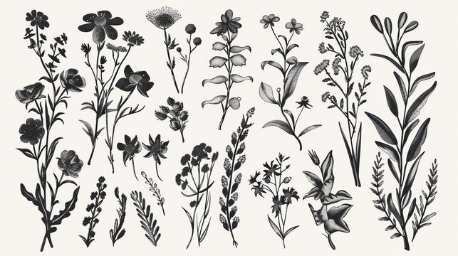 Vintage decorative plants and flowers collection. Hand drawn vintage modern design elements.