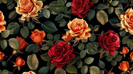 This seamless floral pattern features red and orange roses on a black background. The pattern has a modern format.