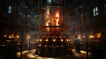 A steampunk laboratory where scientists conduct experi