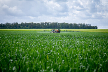 Epandage de pesticide sur un champ de blé en Normandie. Traitement pour protéger des maladies...
