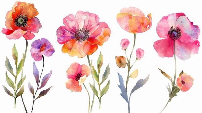 Set of beautiful watercolor flowers on a white background