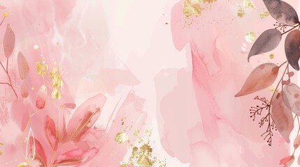 An abstract art botanical pink background modern with pink and earth tone watercolors, leaves, flowers, trees, and gold glitter. The design can be used in text, packaging, prints, and wall