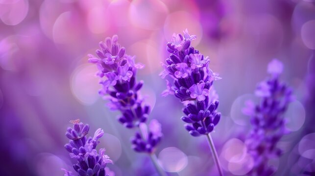 Lavender flowers in purple color, closeup, blurred background