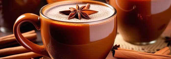 Welcoming presentation of Champurrado in two mugs, enhanced with cinnamon sticks and star anise, against a white surface ideal for adding text.