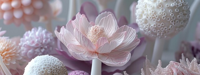 3d garden flowers as organic sculpting, minimalist white, pastel pink, purple fantasy spheres, soft...
