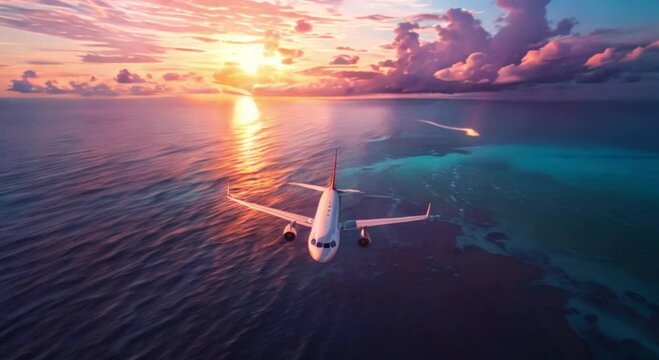 Airplane flying above blue sea at sunset. Travel and flying concept 