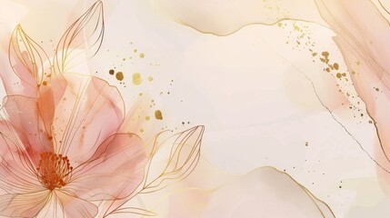 Abstract art background modern with golden line art flower and botanical leaves, organic shapes, Watercolor. Modern background for banner, poster, Web, and packaging.