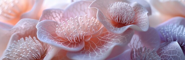 3d garden flowers as organic sculpting, minimalist white, pastel pink, purple fantasy spheres, soft and dreamy, background wallpaper banner