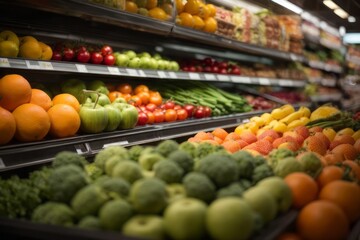 Fruits and vegetables on supermarket shelves for sale - obrazy, fototapety, plakaty