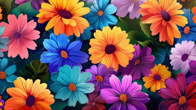 The illustration shows a large amount of beautiful colorful flowers.