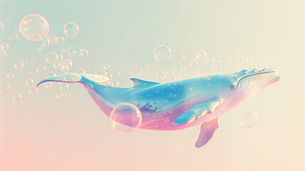 Airborne whale, 3D soap bubbles trail, soft pastel hues, isolated, top margin clear for copy