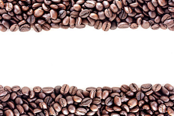 Top view with roasted coffee beans isolated on white table background area for copy space.