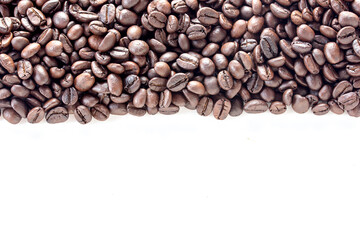 Top view with roasted coffee beans isolated on white table background