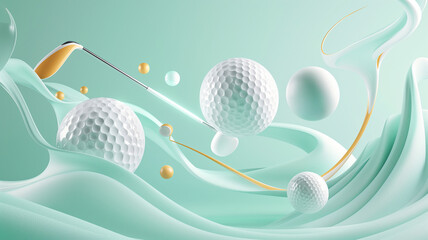 An abstract 3D composition featuring elements of golf (ball, club, tee) integrated into a creative design that symbolizes growth and success in the sport
