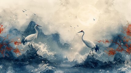 Birds elements with crane and blue watercolor texture painting on a Japanese background. Oriental natural wave pattern with sea and stone elements on a banner in a vintage style.