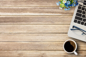 Cup of coffee on a office desk or wood table background.