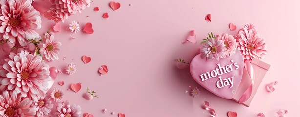 Pink background with a heart shaped gift box and flowers, the word "mother's day" on it, in a minimalistic style, a copy space concept for a Mother Day celebration card template design