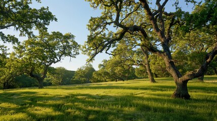 Fototapeta na wymiar A rolling meadow dotted with ancient oak trees