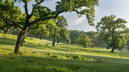 Fototapeta premium A rolling meadow dotted with ancient oak trees