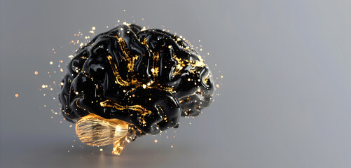 Abstract sculpture of black human brain with golden sparkles on gray background. Metamodernism  - obrazy, fototapety, plakaty