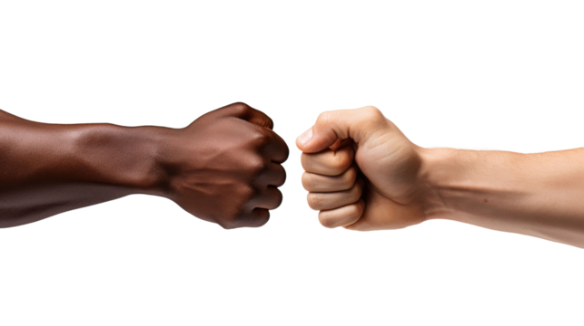 the hand of a white man and an African American are touching fists on white isolated background