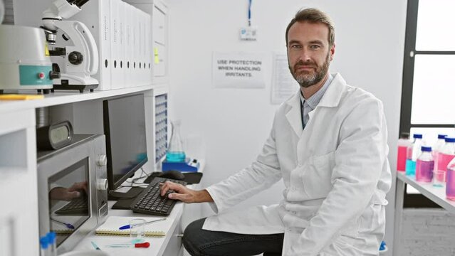 A middle-aged man in a lab coat works at a computer in a modern laboratory setting with scientific equipment in the background.